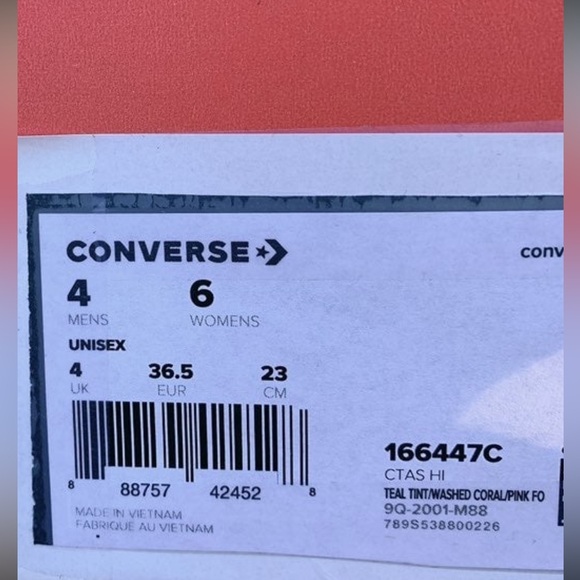 Converse Chuck Taylor All Star High 'Teal Tint Pink Foam' 166447C Women’s Size 6 - Picture 15 of 16